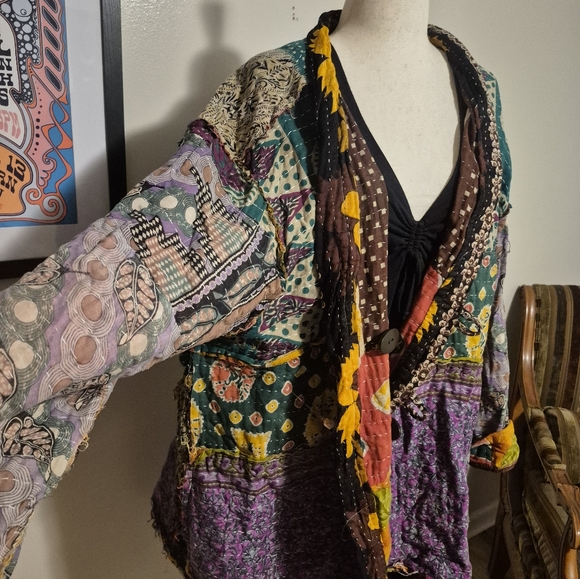 Colorful Patchwork Kantha Bae Style  Kimono Jacket Reversible - Picture 7 of 12